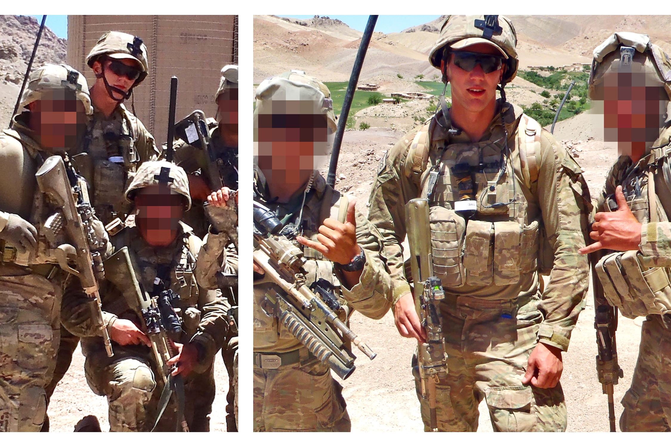 A composite of two photos of soldiers with full gear and rifles. All faces are pixelated in both, except for one man.