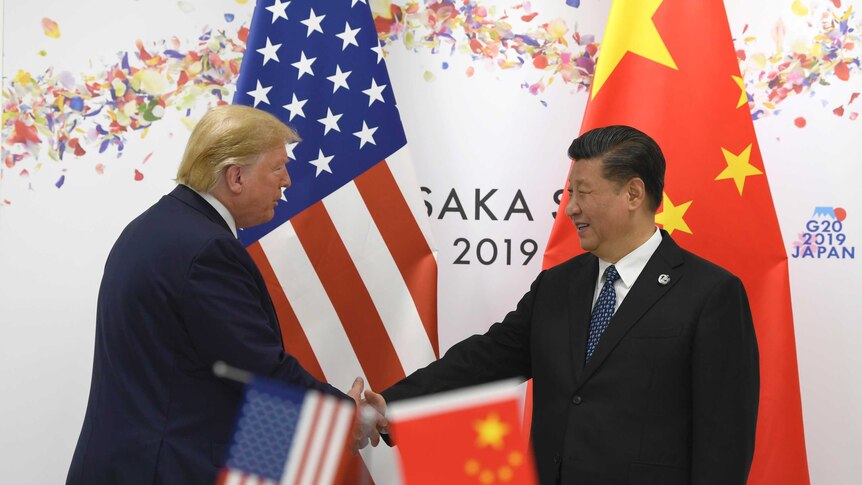 President Donald Trump shakes hands with Chinese President Xi Jinping in front of their respective national flags.