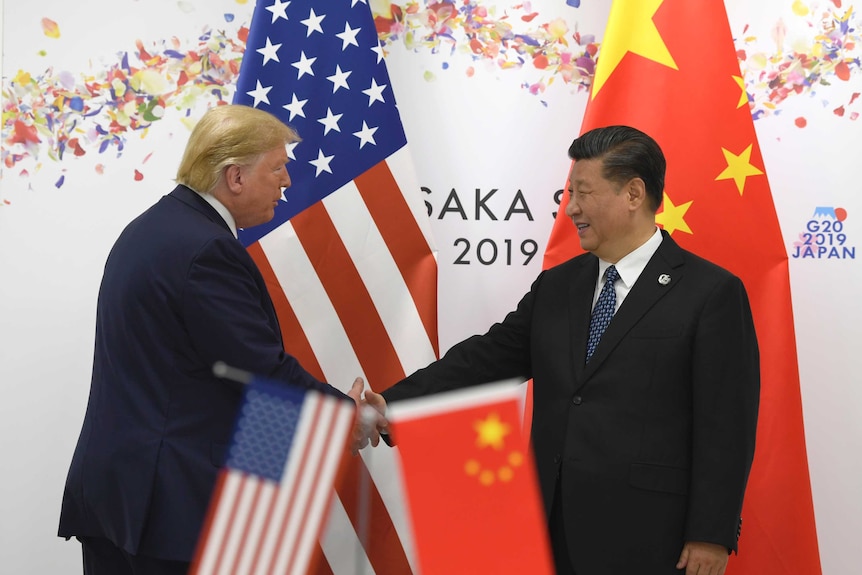 President Donald Trump shakes hands with Chinese President Xi Jinping in front of their respective national flags.