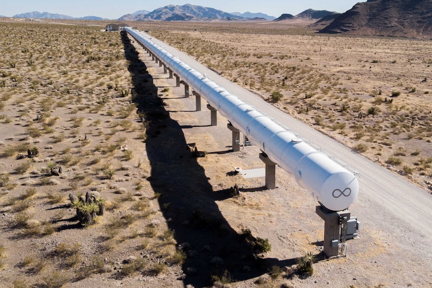 An external aerial view showing the test track for Virgin's Hyperloop in the Nevada desert