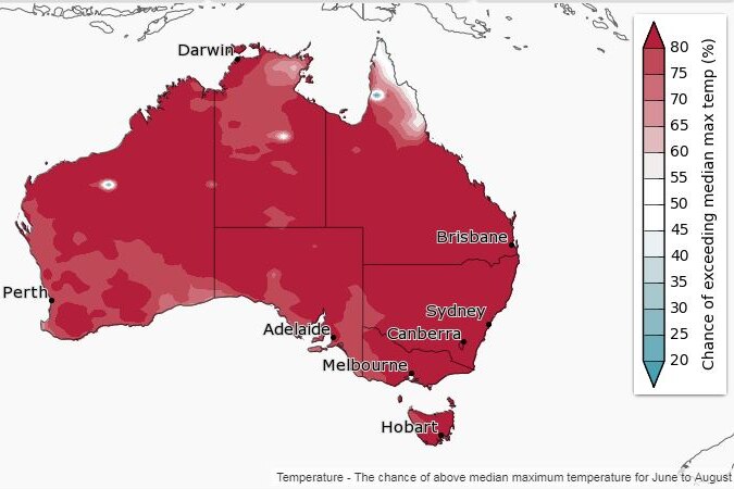 The map shows about 85 per cent dark red (more than 80 per cent likely) to exceed maximum temperatures.