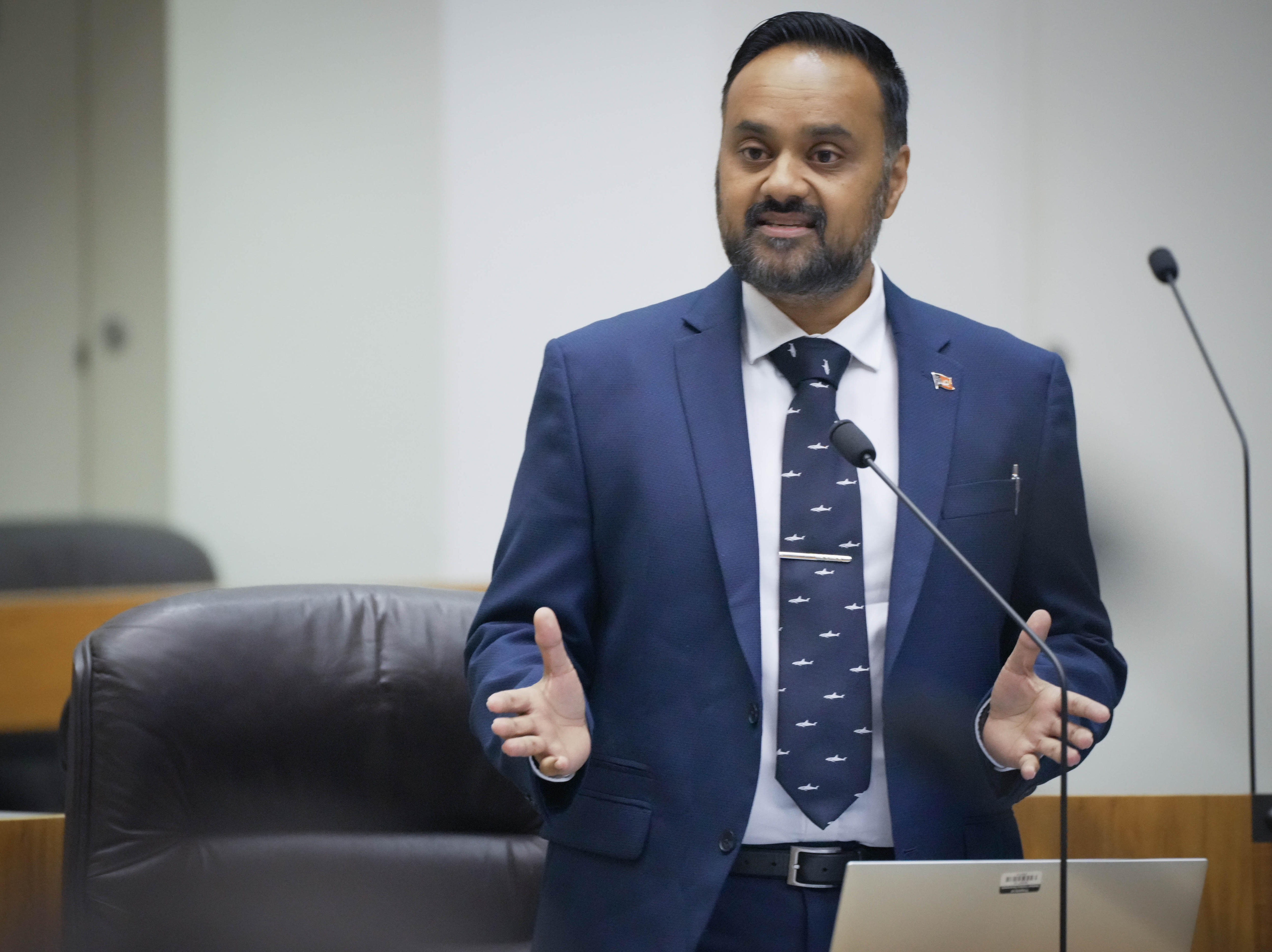 A man in a blue suit speaks in parliament