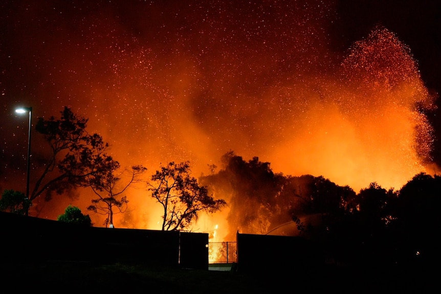 Glowing bushfire and blowing embers at night at the back of a property in a street at Peregian Beach.