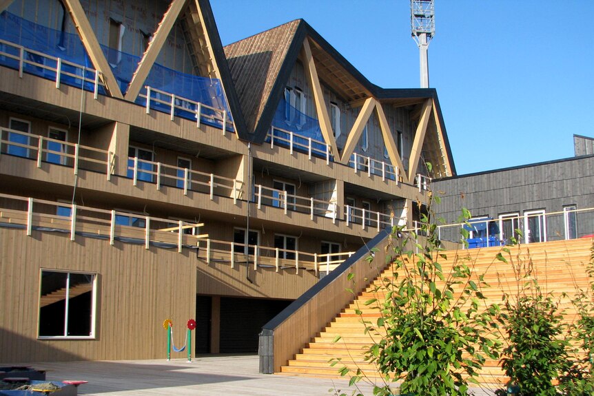 Wooden kindergarden and apartment building in Norway.