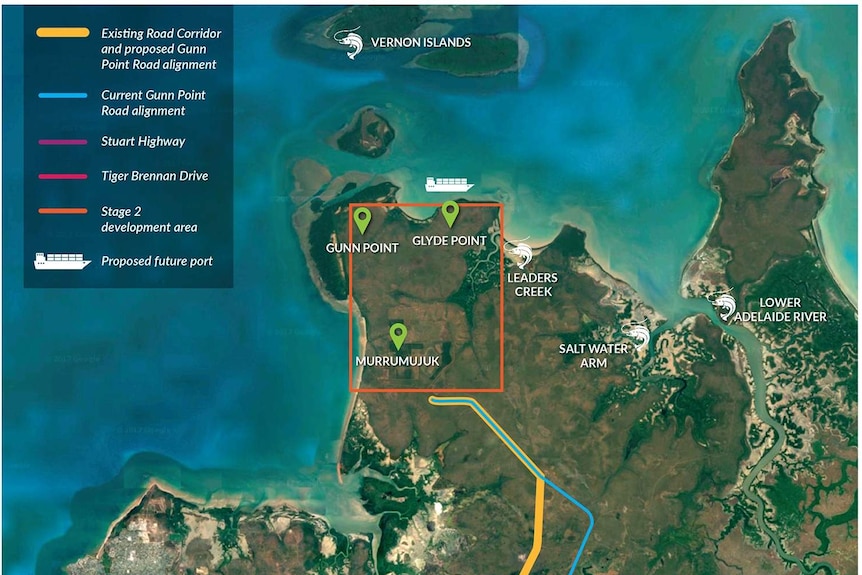 A map focused on Darwin in the NT highlights three sites: Gunn Point, Glyde Point and Murrumujuk