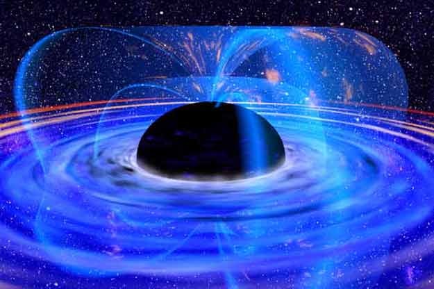 The dark bulge of a black hole sits in the middle of concentric blue circles, surrounded by cable-like lines of magnetic force.