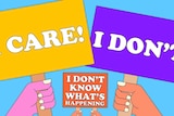 Illustration of young hands holding up signs saying I Care and I Don't