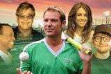 A digital image of Shane Warne, with the faces of Tiger Woods, Elton John, Elizabeth Hurley and Ed Sheeran nearby.