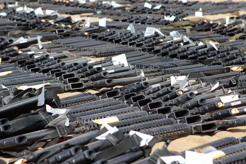 Rows of M16 assault rifles.