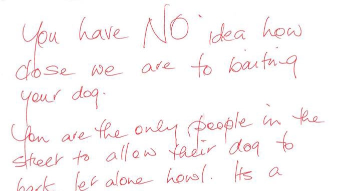 Letter to dog owner threatening to bait the pet if it didn't stop barking