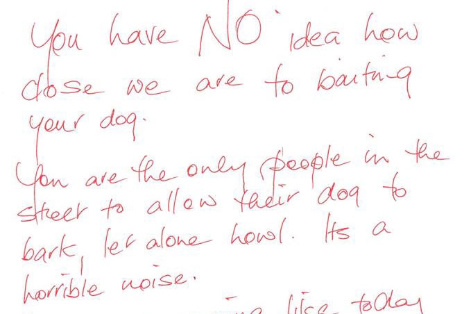 Letter to dog owner threatening to bait the pet if it didn't stop barking