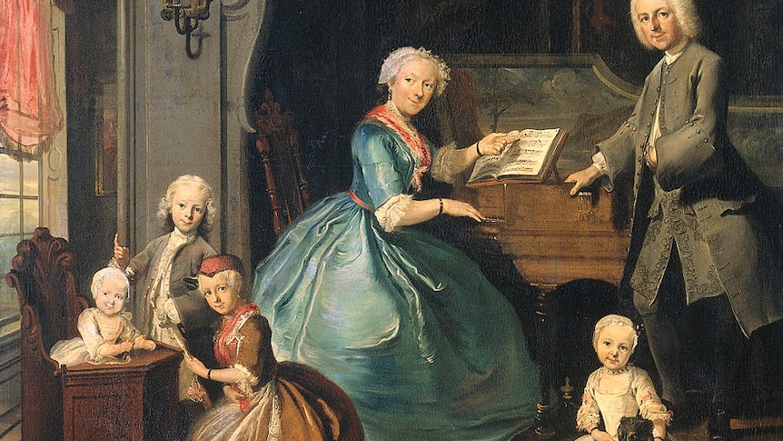 A painting of a family of six gathered around a harpsichord.