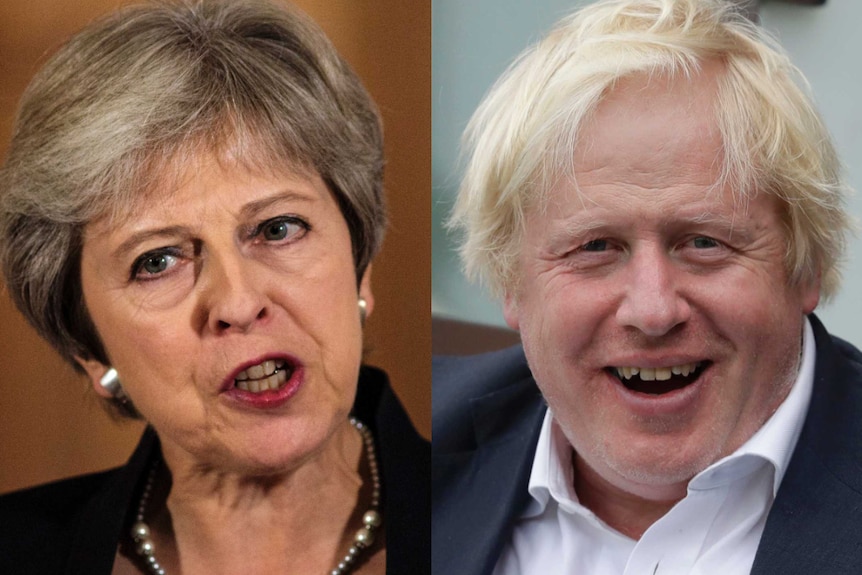 A composite of British Prime Minister Theresa May and Conservative MP Boris Johnson.
