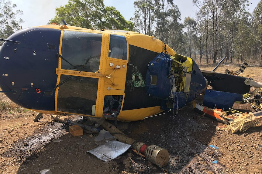 Front of wreckage of waterbombing chopper that crashed during bushfires at Pechey.