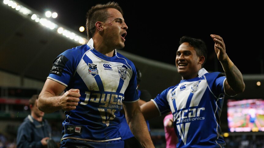 The Bulldogs celebrate a try