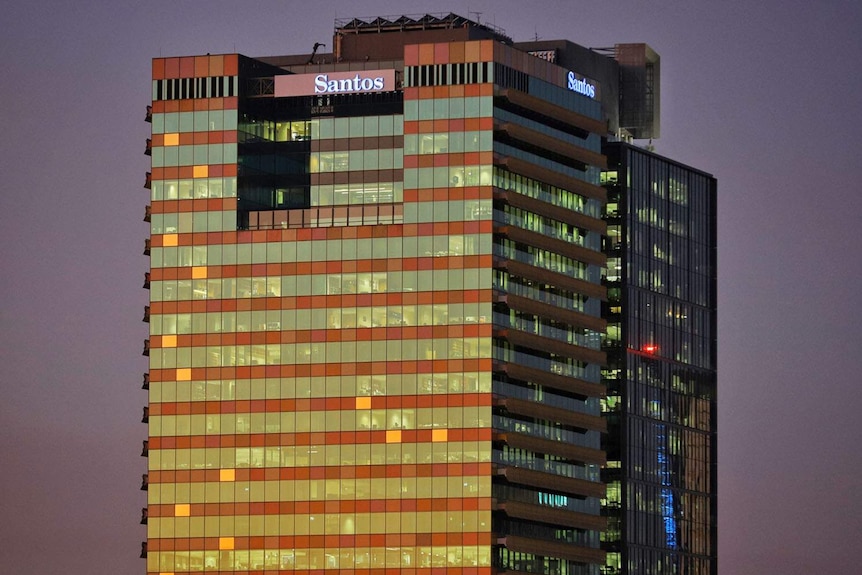 Top of Santos building in Brisbane's CBD at sunset.