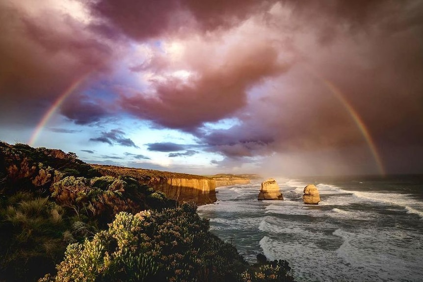 Sunset at Gibson Steps with a great rainbow.