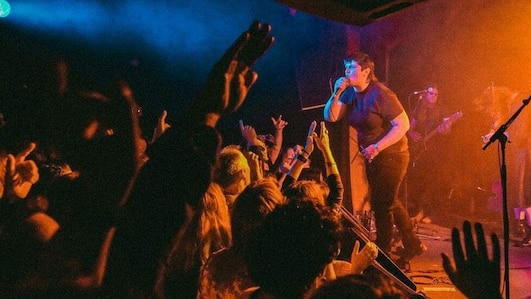 A singer with a microphone stands on a stage before a large crowd