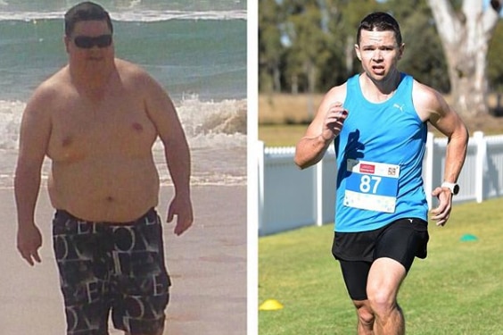 Composite image of a man in 2013 at the beach and then running in 2018