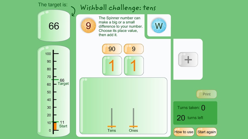 Screenshot of Wishballs game, text reads "Wishball challenge: tens"