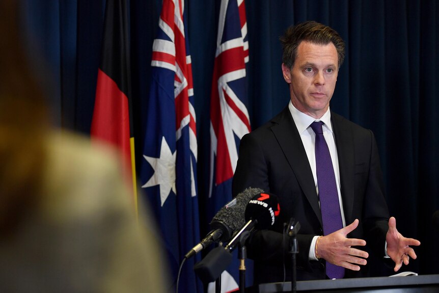 a man standing in front of flags gesturing as he speaks to the media