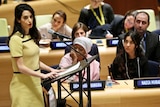 Human rights lawyer Amal Clooney address a United Nations human rights meeting.