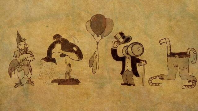 Drawing of a chicken with crossed arms, a killer whale, a bunch of balloons, a man with a top hat