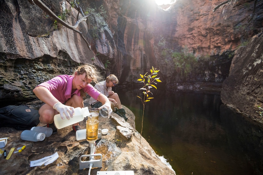 Ecologists sit on the edge of a rock form with bottles and experimental gear.