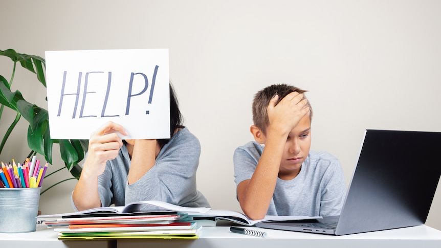 Mom holds a sign with the word 'help' while a boy sits at a laptop, in a story about lockdown homeschool moments.