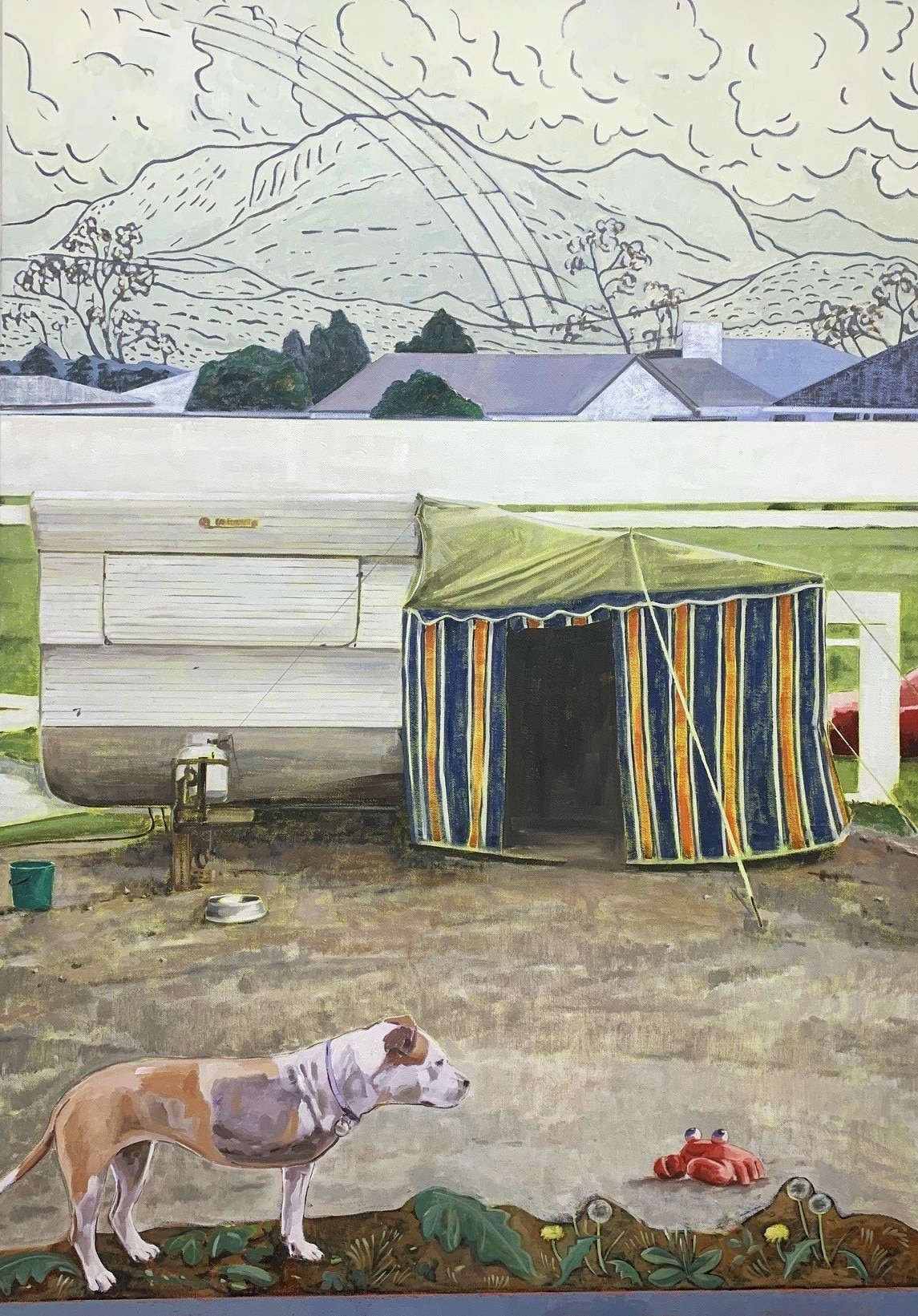 A painting of a caravan and tent with a three-legged dog and children's toy outside.