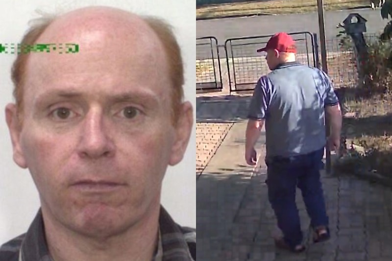 Two side by side photos. One shows a partially bald man with red hair and green eyes. The second photo shows him walking away. 