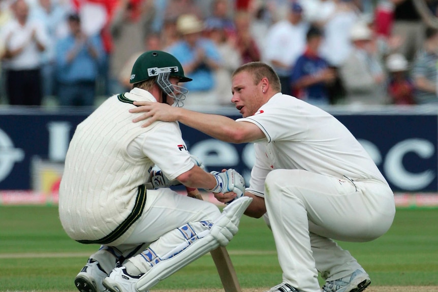 England bowler Andrew Flintoff consoles Brett Lee after Australia loses the Edgbaston Test