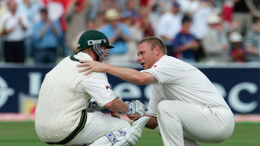 England bowler Andrew Flintoff consoles Brett Lee after Australia loses the Edgbaston Test