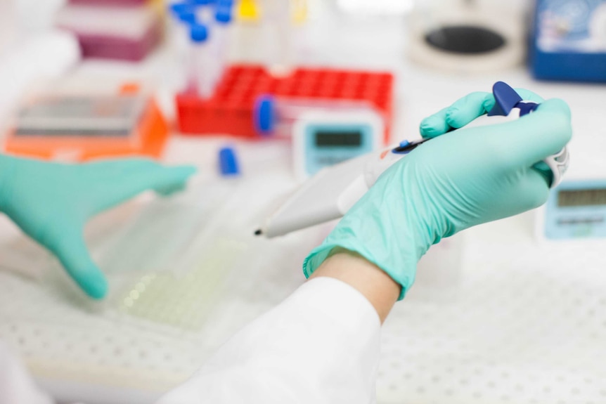 A scientist's hand holds science equipment in a laboratory