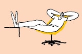 Illustration of a figure seated at a desk with their feet up, arms behind their head.