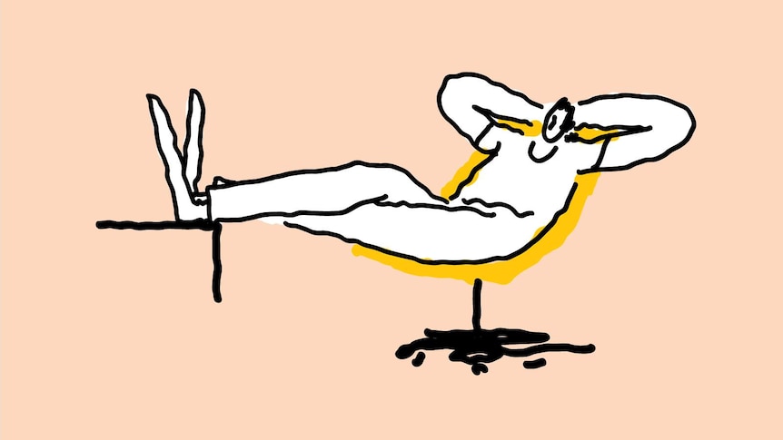 Illustration of a figure seated at a desk with their feet up, arms behind their head.