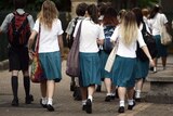 Schoolgirls walk into school.