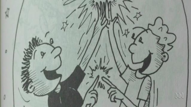 A cartoon image of two smiling boys doing a high-5