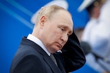 Vladimir Putin looking pensive while running his hands through his hair 