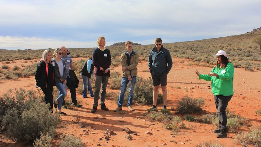 A group of teachers watch Dulcie O'Donnell at The Pinnacles in Broken Hill
