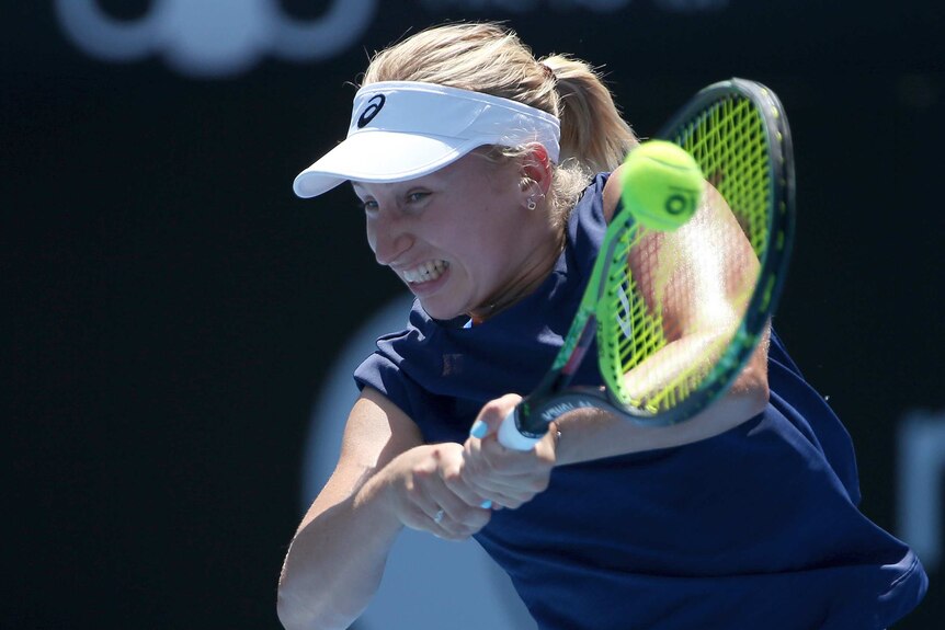 Daria Gavrilova playing a double-fisted backhand against Ashleigh Barty at the Sydney International.