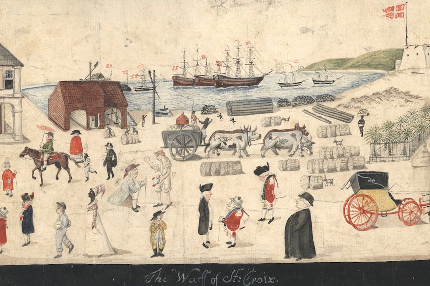 Archive copy of a colourful painting showing colonial figures around a harbour.