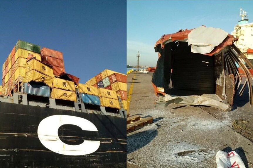 Two perspectives of severely damage industrial containers at a harbour.