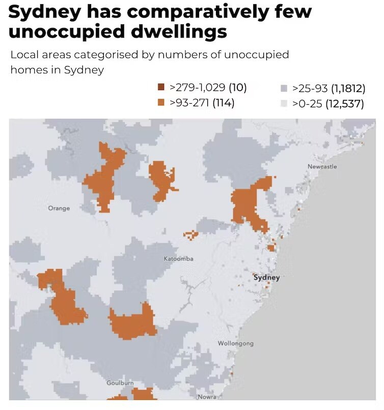 a map of sydney mostly in grey, showing few unoccupied houses, but with six orange hot spots in the outer suburbs