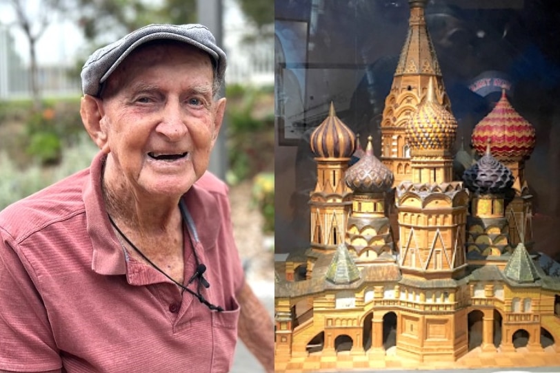 A composite image of an old man, and an intricate wooden model of an ornate cathedral.