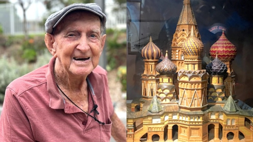 A composite image of an old man, and an intricate wooden model of an ornate cathedral.