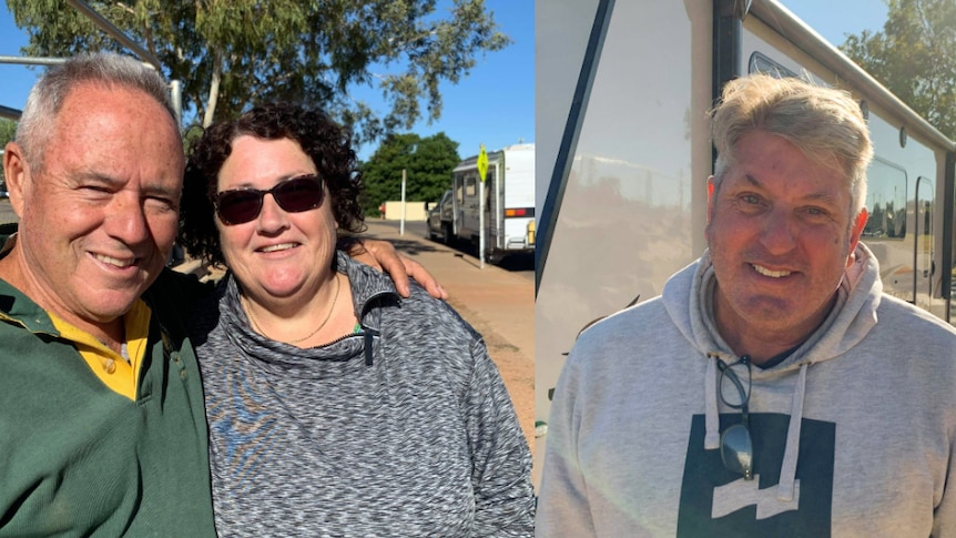 A composite image of two photos, both showing middle aged people standing outside near caravans. 