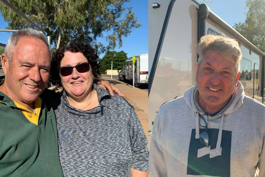 A composite image of two photos, both showing middle aged people standing outside near caravans. 