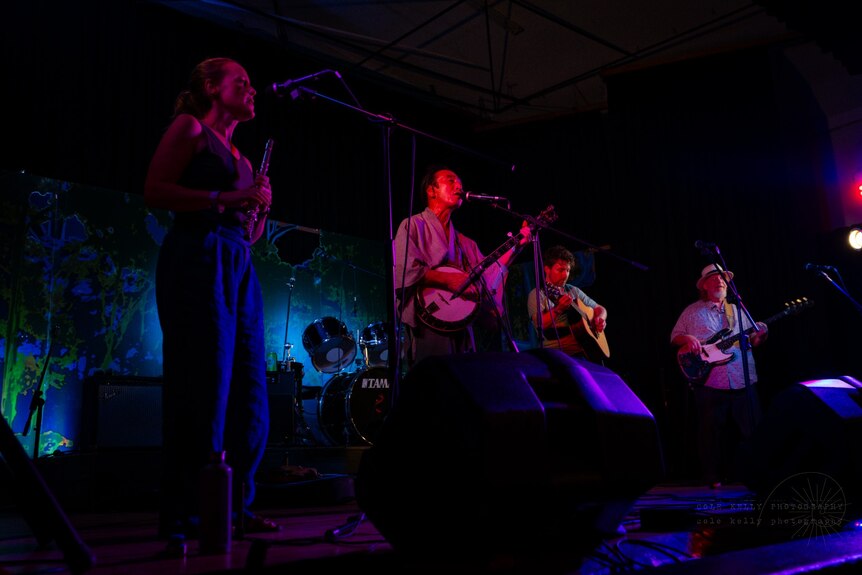 Four people on stage performing music. Banjo player sings into microphone. Two guitarists and one flautist flank either side