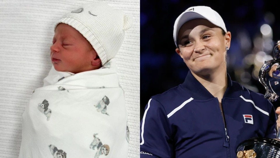 A composite of Ash Barty and her newborn baby.